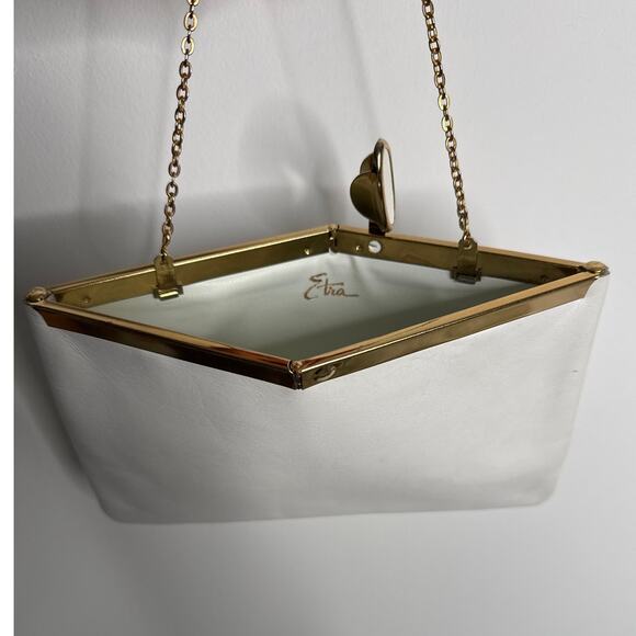 70s Etra white clutch with gold metal frame and matching gold chain strap